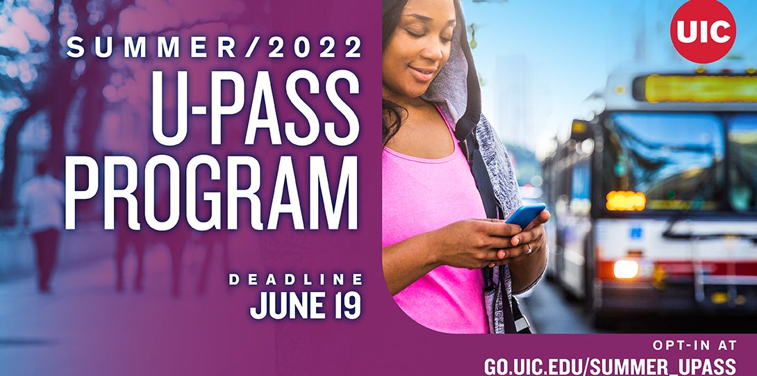 Summer 2022 U-PASS program with female student wearing a blue hoodie and pink t-shirt, while texting on her phone. CTA bus in the background
