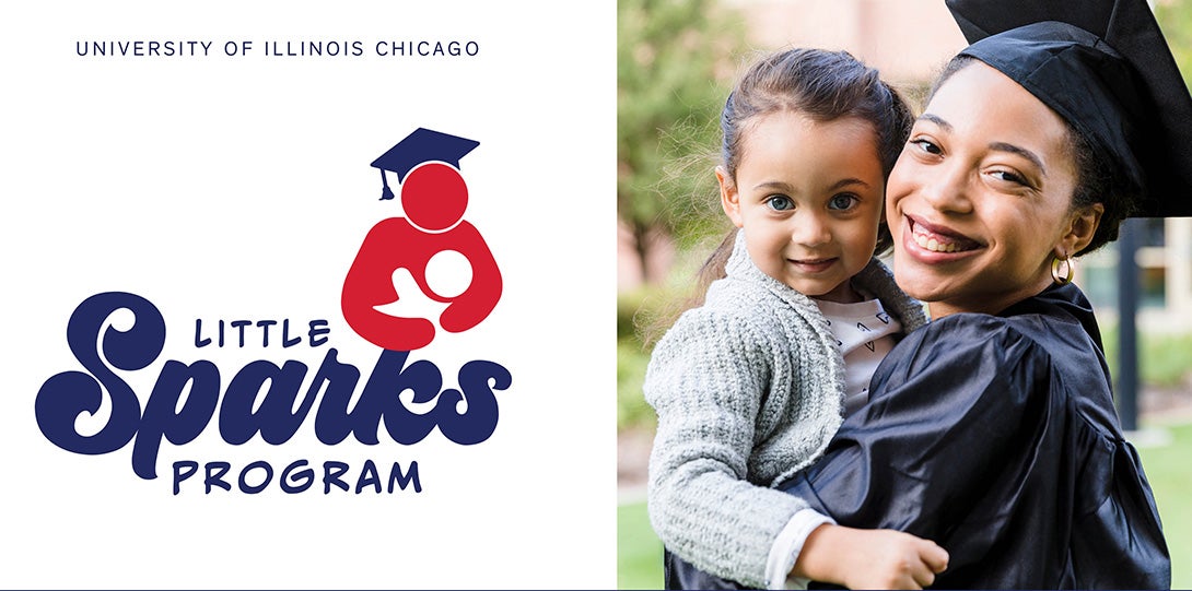 Little Sparks Program logo next to a Graduate in cap and gown holding a child.